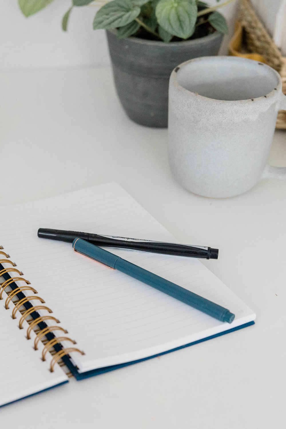 blue and black pens on top of a notebook